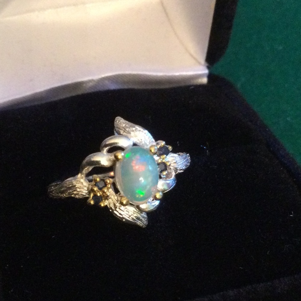 Amazing Genuine Fiery Opal Ring with Sapphires - Picture 2 of 11